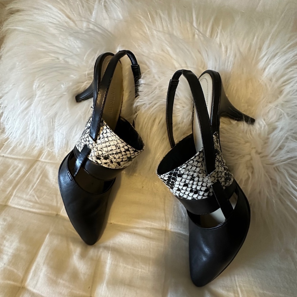 Ellen Tracy Black and Snake Print Bello Leather Sling Back Heels Cut Out Size 7 - Picture 15 of 16